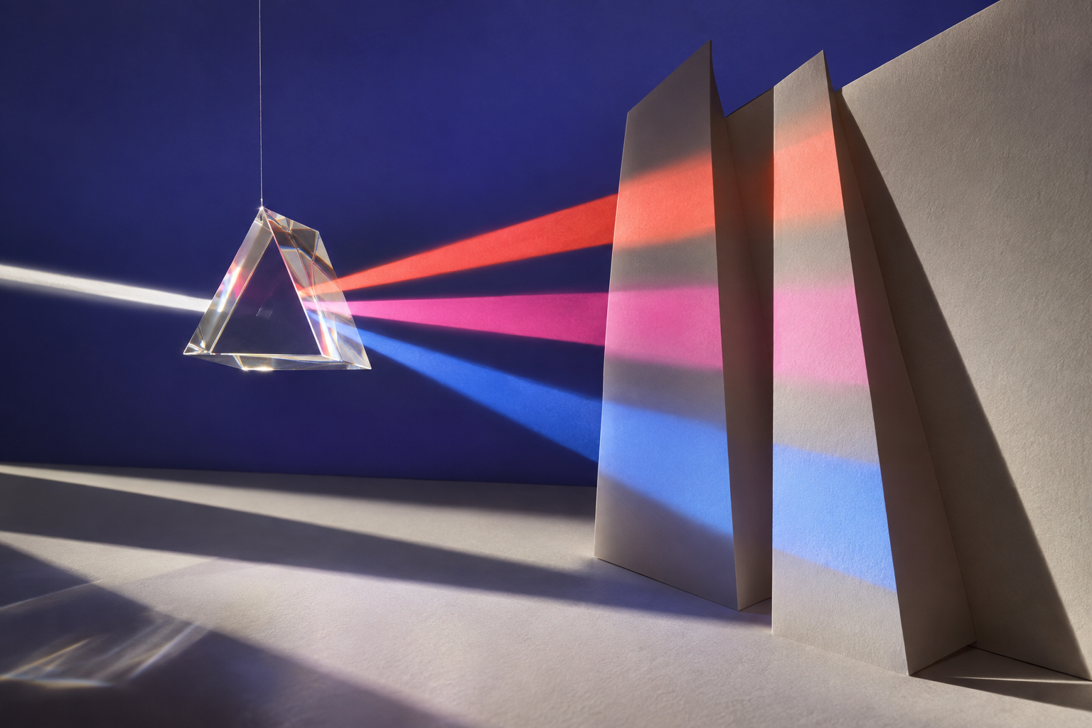 A suspended glass prism casts coral, magenta, and blue light onto folded ivory panels against indigo.