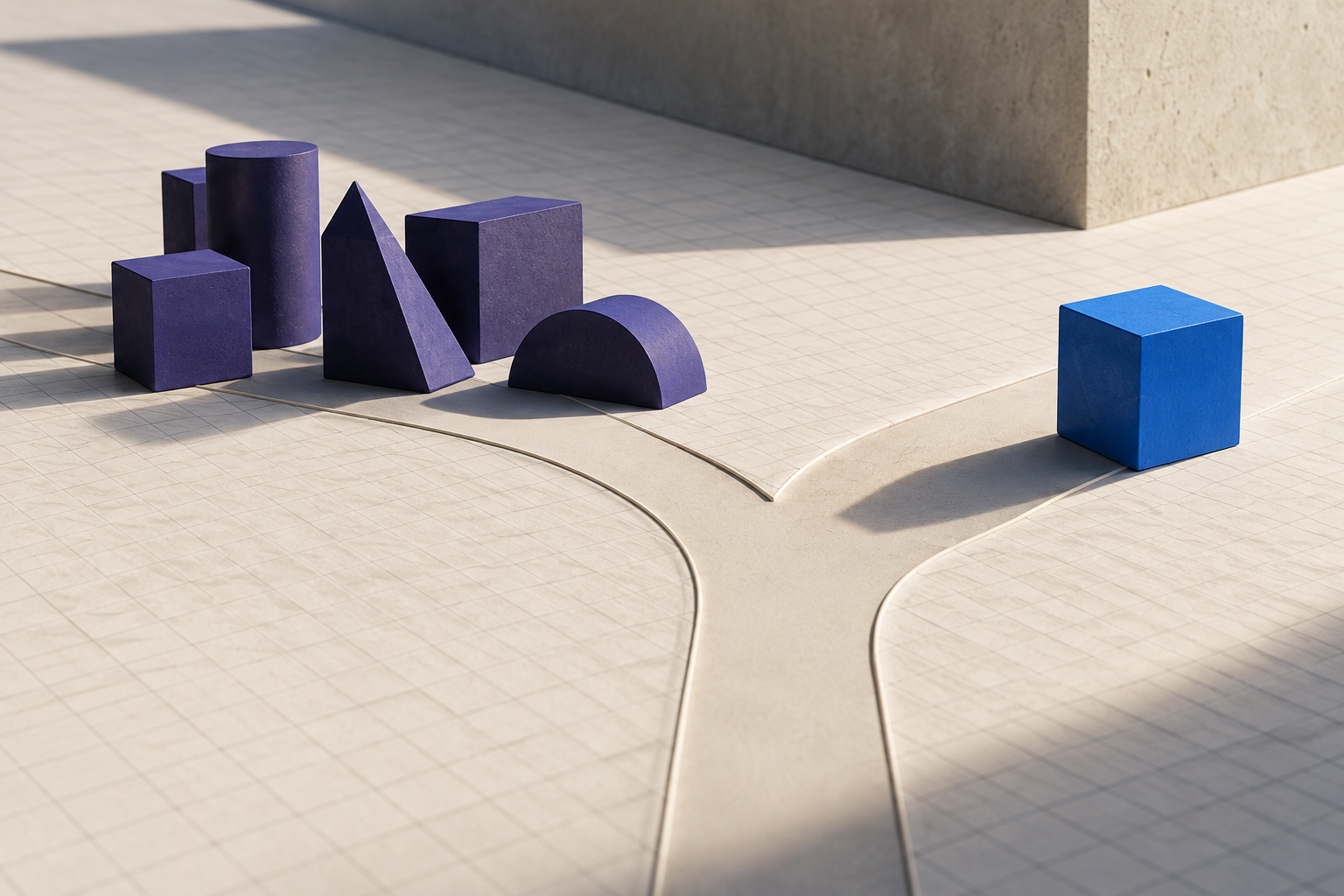 Indigo geometric blocks and a separate azure cube beside branching paths on a gridded surface.