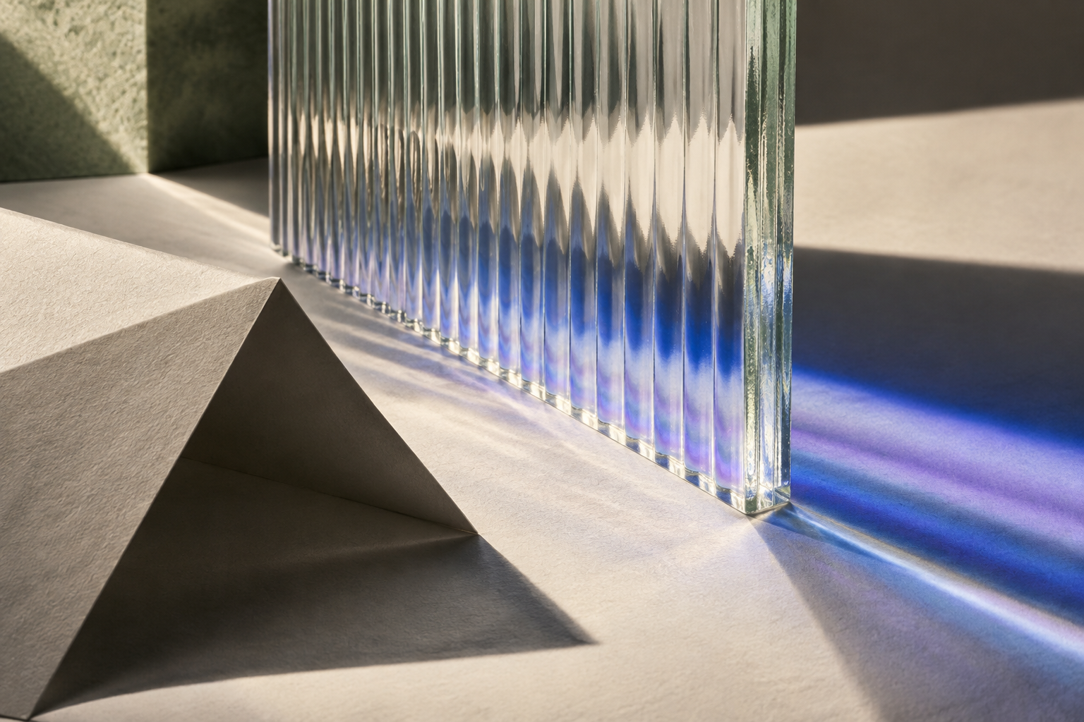 Reeded glass and folded paper casting a restrained cobalt light across an ivory surface.