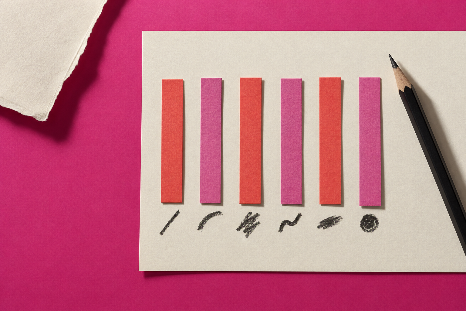 Six coral and magenta paper strips on ivory paper beside charcoal marks and a pencil.