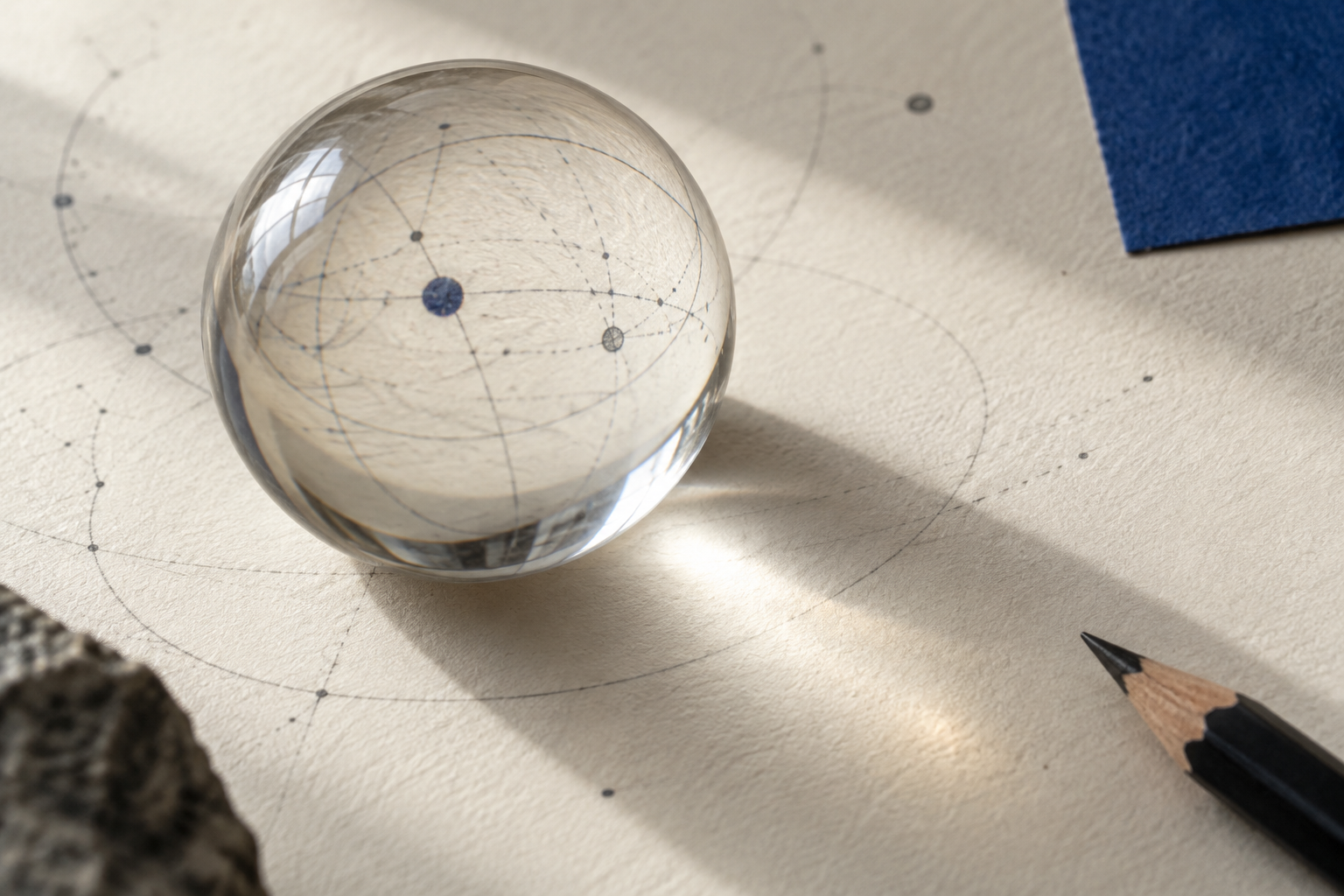 A clear glass sphere over graphite orbital drawings, suggesting focused human judgment.